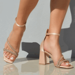 Πέδιλα με στρας και μπαρέτα σατέν  - Nude