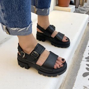 Flatform δερμάτινα με τρακτερωτή σόλα - Μαύρο