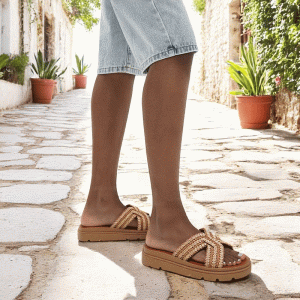 Flatform δερμάτινα με ψάθα- Καφέ