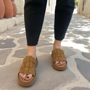 Flatform δερμάτινα με πλεκτό λουράκι- Καφέ