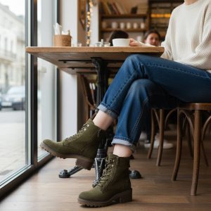 Μποτάκι σουέτ με Κορδόνια & Χαμηλό Τακούνι - Χακί