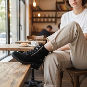 Μποτάκι με Κορδόνια & Χαμηλό Τακούνι - Μαύρο