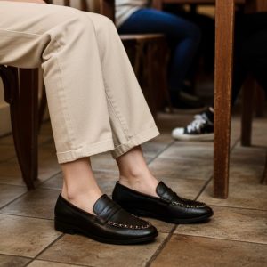 Loafers δερμάτινο με αλυσίδα - Μαύρο