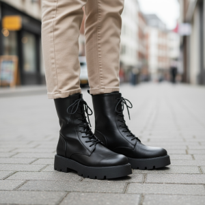 Combat Μποτάκι με Κορδόνια & Τρακτερωτή Σόλα - Μαύρο