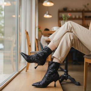 Μποτάκια με παγίετα και Λεπτό Τακούνι - Μαύρο