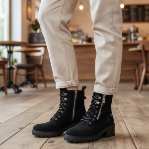 Μποτάκι με Κορδόνια & Χαμηλό Τακούνι - Μαύρο