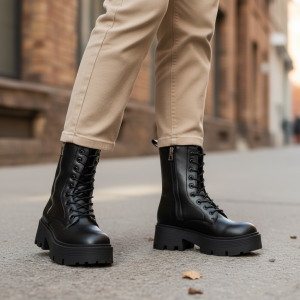 Combat Μποτάκι με Κορδόνια & Τρακτερωτή Σόλα - Μαύρο