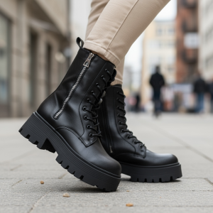 Combat Μποτάκι με Κορδόνια & Τρακτερωτή Σόλα - Μαύρο