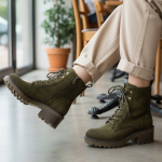 Μποτάκι σουέτ με Κορδόνια & Χαμηλό Τακούνι - Χακί