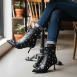 Μποτάκια με Ασημί Τρουκς και Kitten Heel - Μαύρο