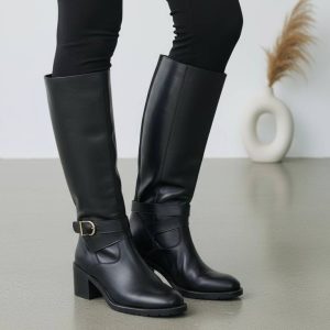 Μπότα με αγκράφα από Γνήσιο Δέρμα - Μαύρο